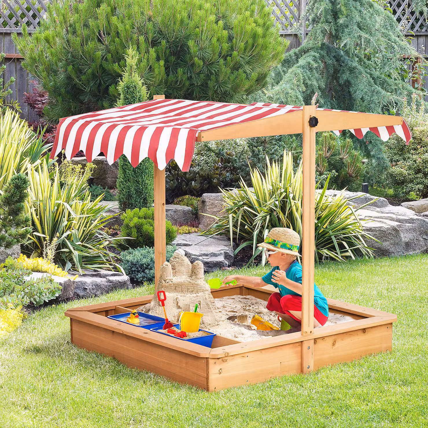 Sabbiera per bambini Outsunny in legno multicolore con tettuccio regolabile e sedute, L/P/H: 107.5 x 107.5 x 110 cm – 2