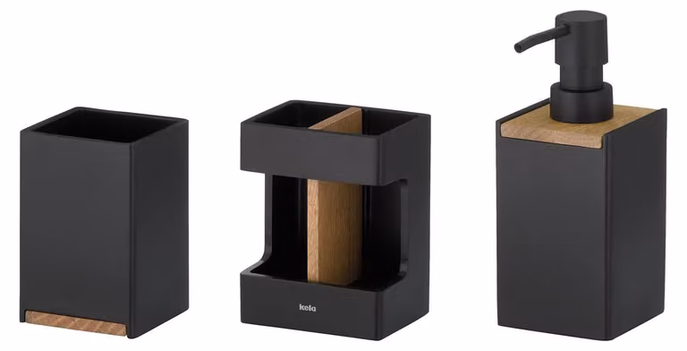 kela Set da bagno 3 pezzi, modello Cube, colore nero, effetto legno, composto da: portabicchieri, porta spazzolini