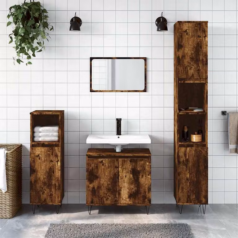 Armadietto da bagno vidaXL in legno Rovere Fumo con ante a battente e ripiani interni, sospeso, L 58 cm x P 33 cm x H 60 cm