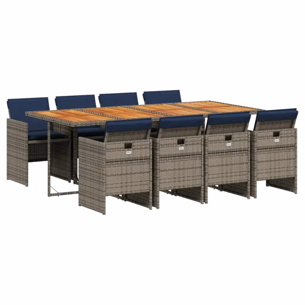 Set da pranzo da giardino vidaXL in polyrattan e legno di acacia con 9 pezzi e cuscini disponibile in grigio, marrone o blu – 2