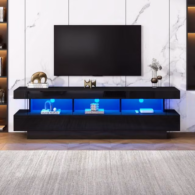 Mobile TV Mivray nero lucido con illuminazione LED integrata e 3 ripiani in vetro per TV fino a 70 pollici L: 160 cm, P: 38 cm, H: 50.5 cm