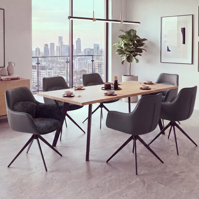 Set di 6 sedie da pranzo modello HWC-R23, sedia per cucina, sedia girevole, rivestita in ecopelle e tessuto chenille (410 g/m²), colore grigio scuro