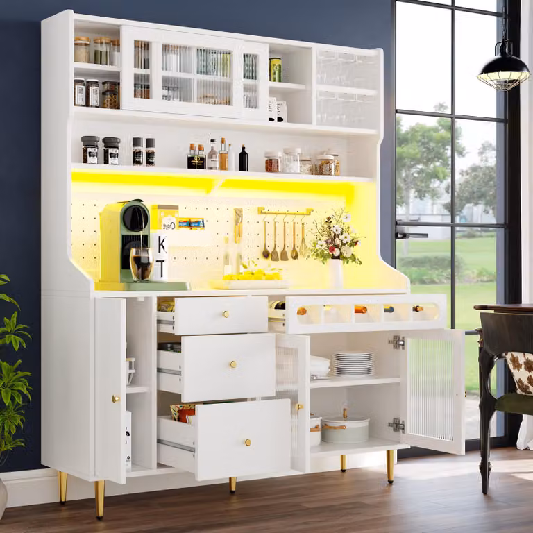 okwish Mobile alto da cucina / credenza con illuminazione a LED, mobile portabottiglie con modulo estraibile, mobile da soggiorno, bianco