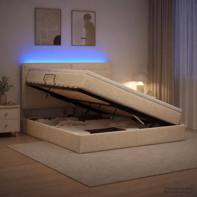 Letto con contenitore vidaXL in legno e tessuto beige con illuminazione LED e porte USB, L/P/H: 204 x 140 x 128 cm