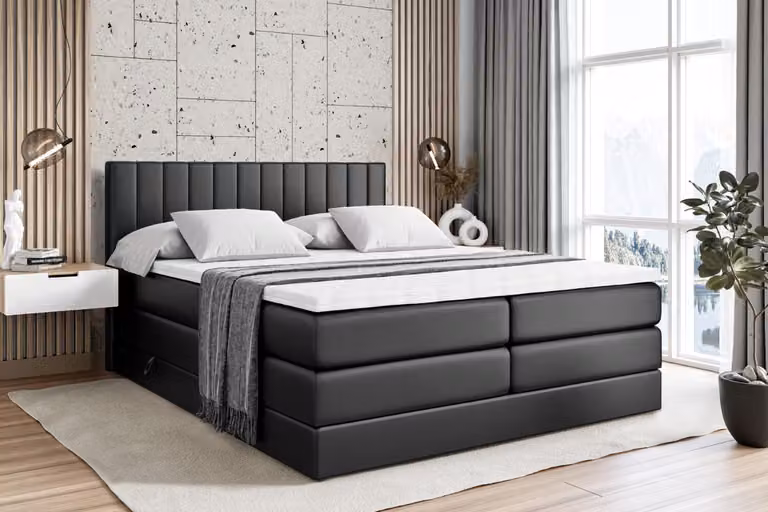 Letto boxspring ALTDECOR con 2 materassi e topper - 160x200 cm - EDITA KING - Pelle finta nera - Letto imbottito con materassi H3 e H4, contenitore e rete a doghe, letto con spazio contenitivo