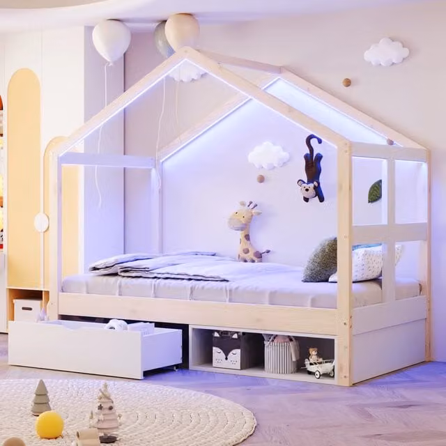 Letto a casetta Mivray per bambini in legno e MDF bianco con cassetto contenitore e illuminazione LED multicolore L/P: 190 x 90 cm, H: 173.7 cm