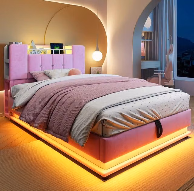 Letto imbottito 90x200 cm con LED; USB e contenitore in velluto rosa