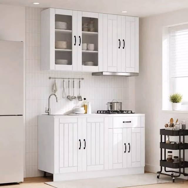 Unità Cucina Moderna vidaXL Bianca con Ante in Vetro e Cassetti in MDF – 1