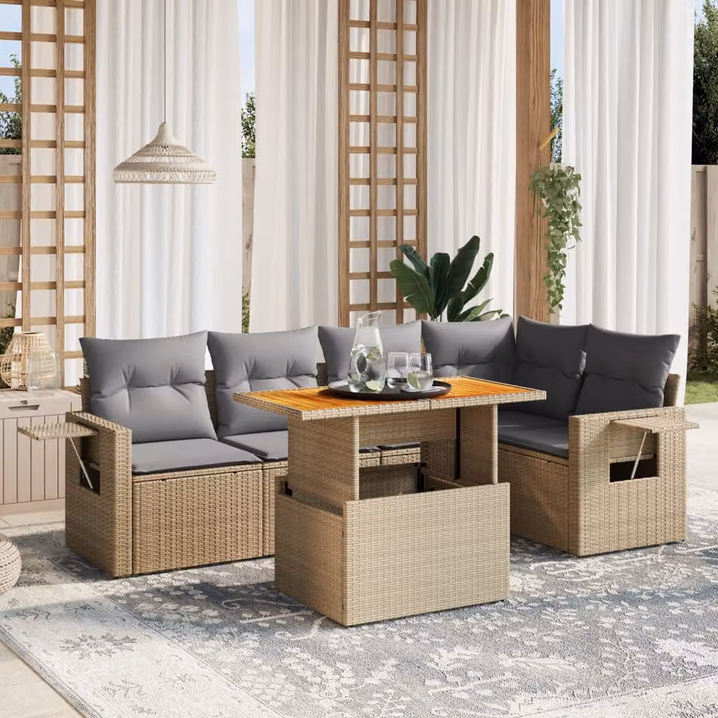 Set Divano da Giardino vidaXL 6 pz a L con Cuscini Beige in Polyrattan e Legno di Acacia – 1