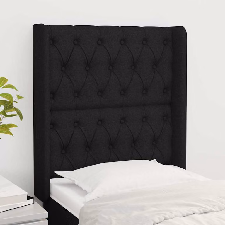 Testiera ad orecchio vidaXL in tessuto nero con struttura in legno e larice, L: 83 cm, P: 16 cm, H: 118-128 cm
