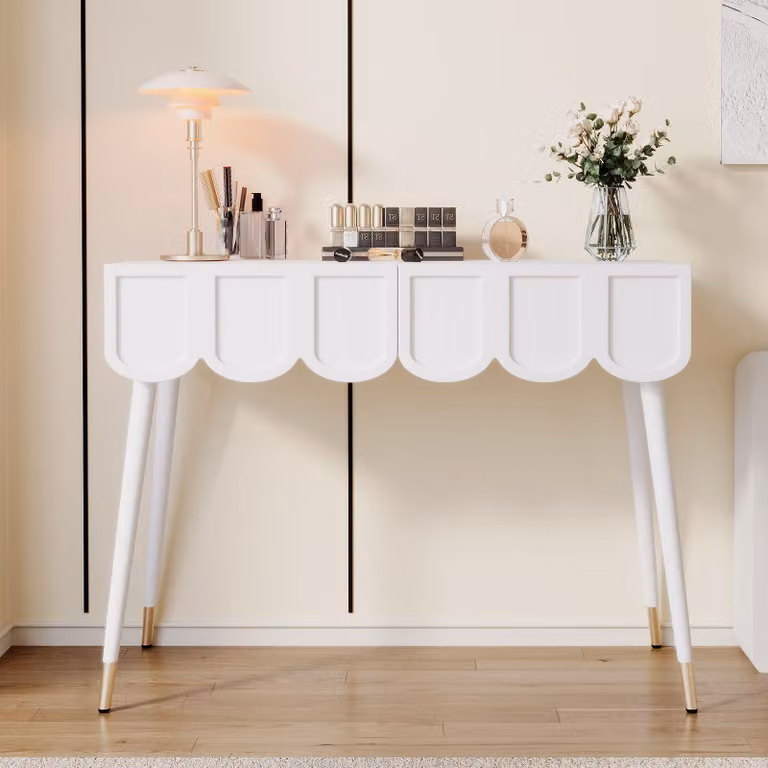 Tavolino da toilette Merax, elegante tavolino da toilette con 2 cassetti ondulati, piedini in metallo, scrivania, consolle, per soggiorno, camera da letto, bianco