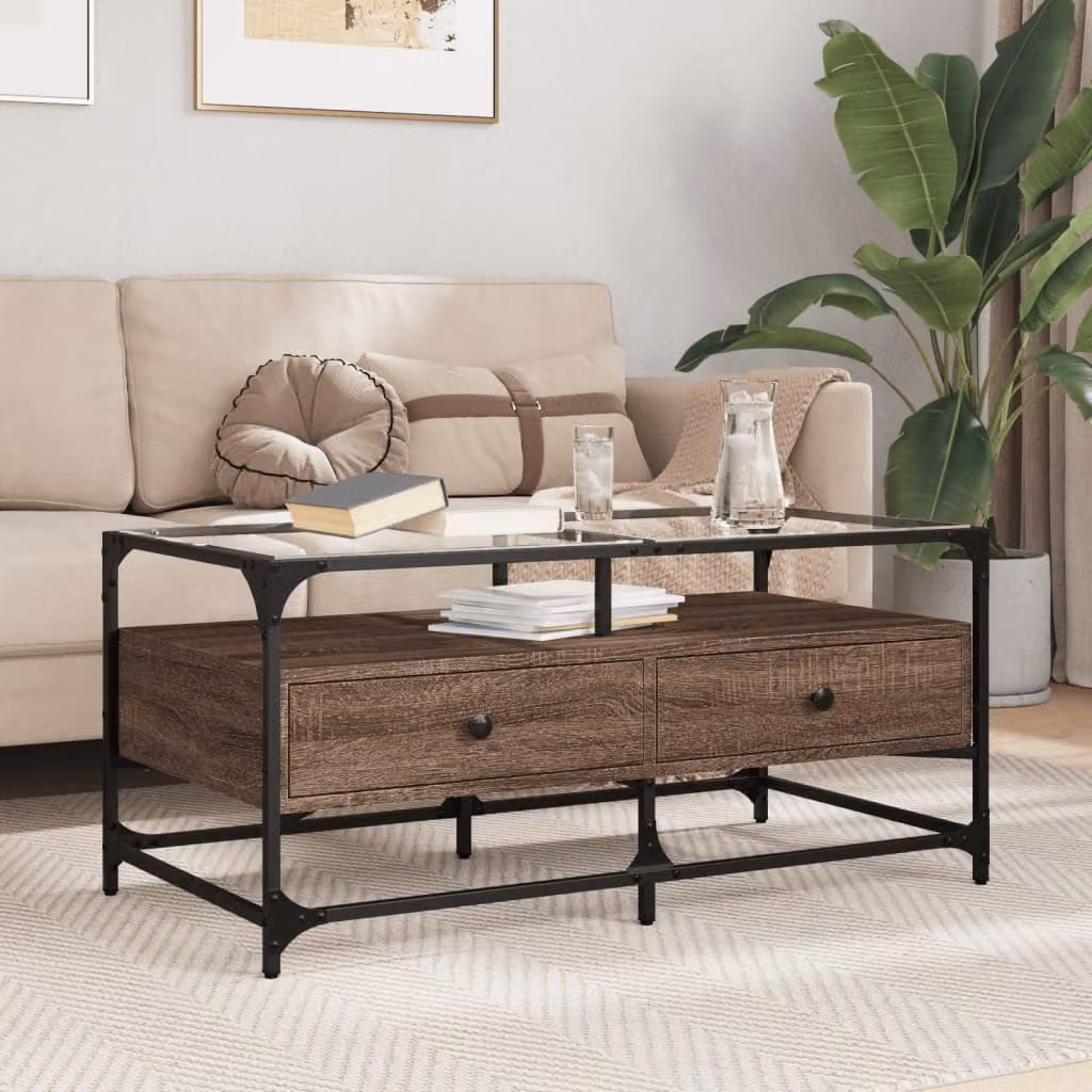 vidaXL Tavolino da soggiorno rettangolare con piano in vetro e struttura in legno rovere marrone e metallo L: 98,5 cm, P: 50 cm, H: 45 cm