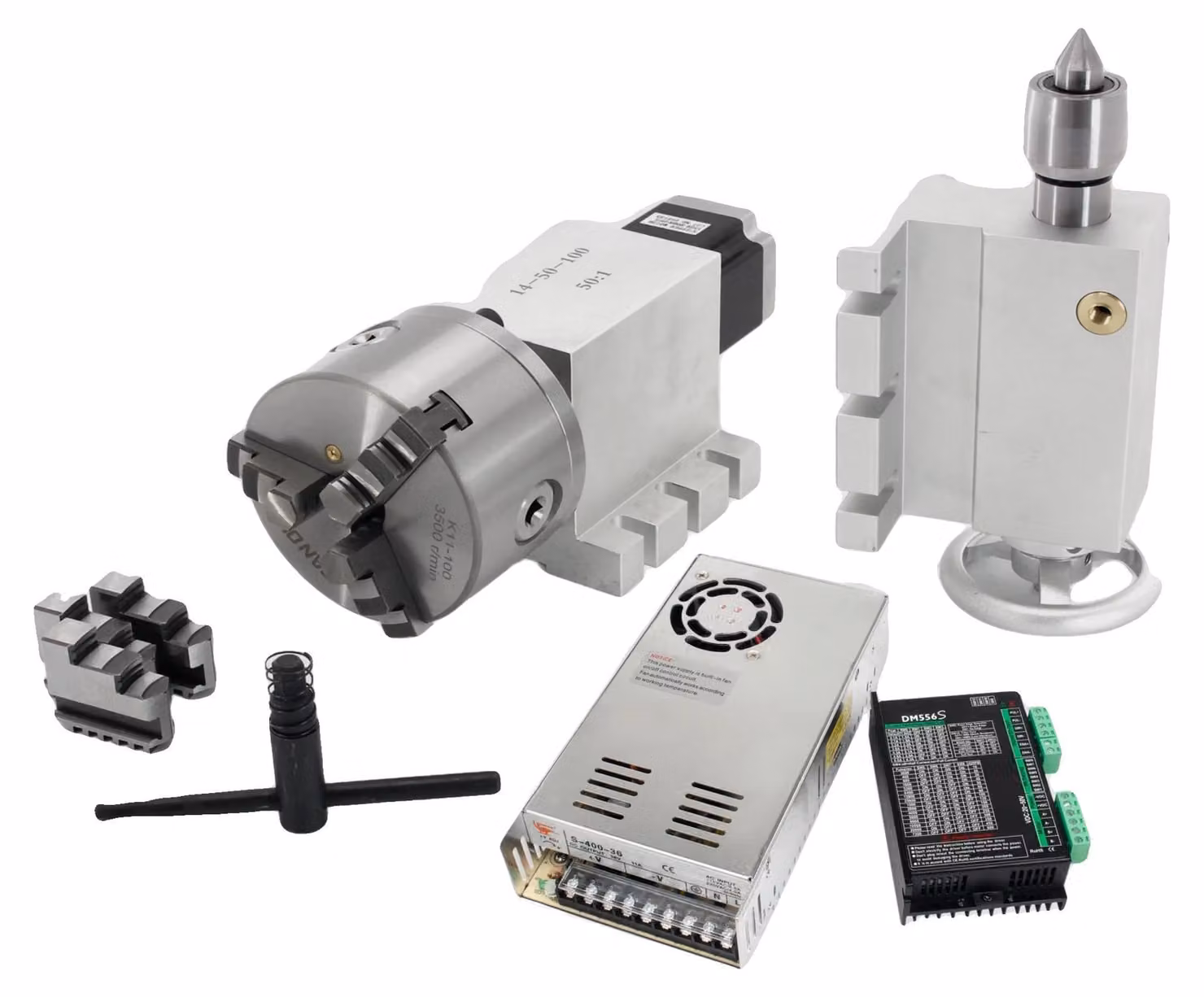 Asse di tornitura CNC, riduttore 50:1, motore Nema23, 3Jaw K11-100 mm, driver e potenza