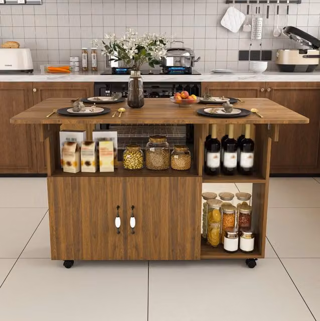 Tavolo da pranzo pieghevole ULEVR 110x70 cm con vano contenitore, ripiani aperti e 5 ruote, noce