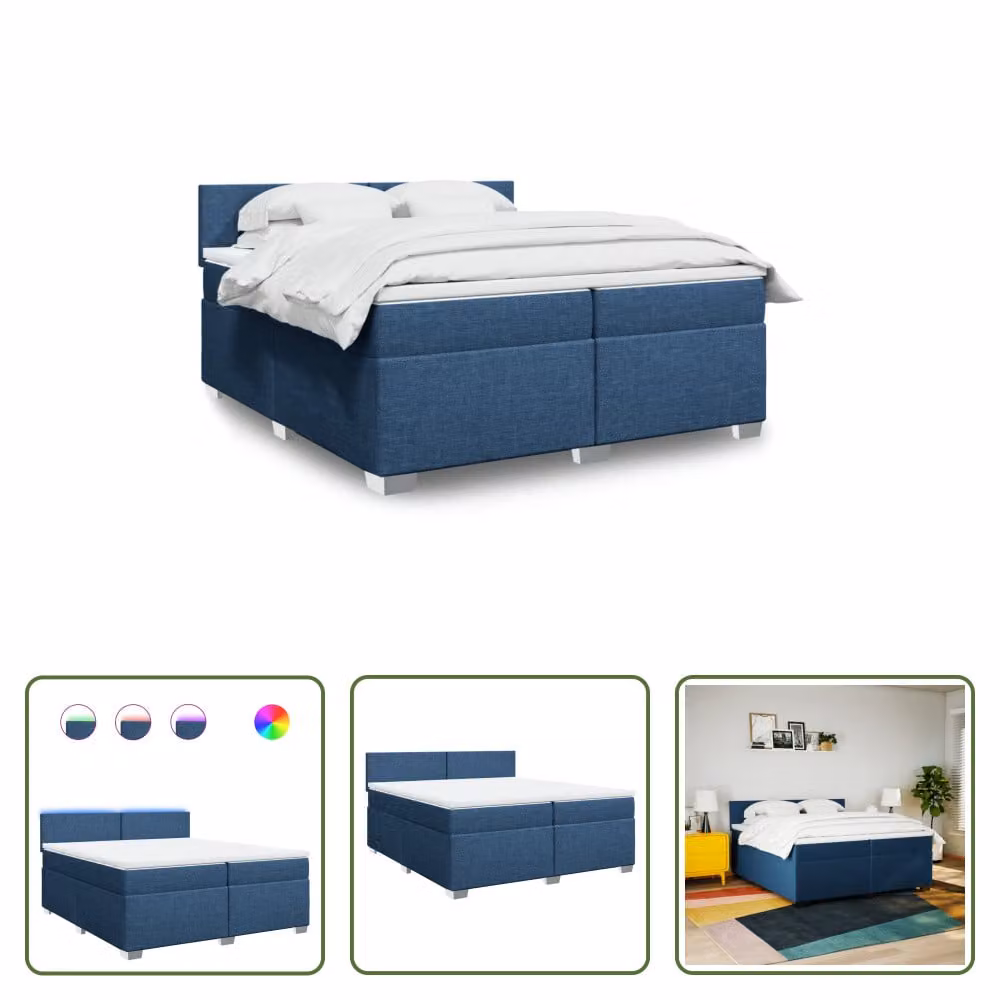 The Living Store Letto a molle con materasso blu 200x200 cm in tessuto