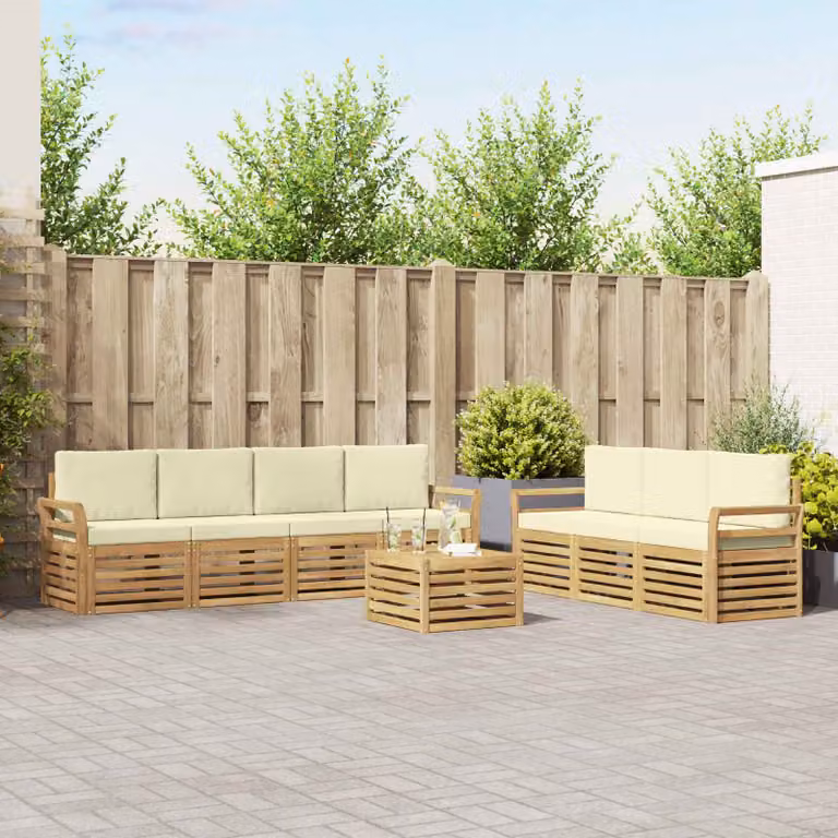 Set di divani da giardino vidaXL 8 pezzi in poliestere e legno di acacia, Bianco e Beige