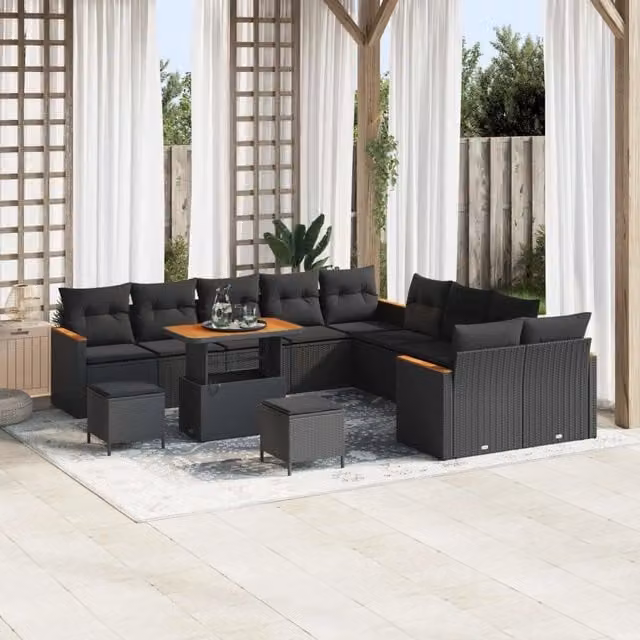 Set Divano da Giardino Moderno vidaXL in Polyrattan Nero con Tavolo in Legno di Acacia, 13 Pezzi