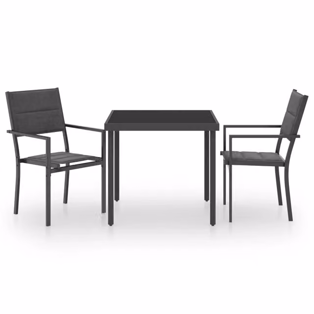 Set da pranzo da giardino moderno in acciaio verniciato a polvere e vetro, composto da 3 pezzi, disponibile in nero, antracite o grigio opaco