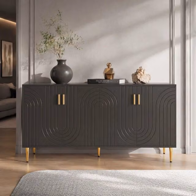 Credenza moderna nera e oro in MDF con design geometrico e finitura opaca, L: 75 cm, P: 40 cm, H: 40 cm