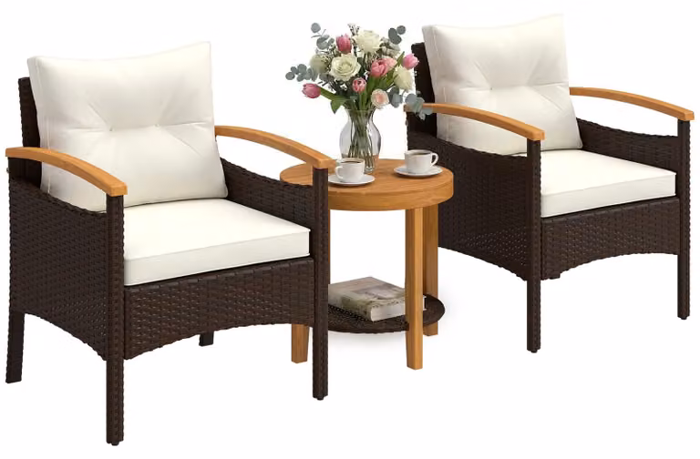 Set da bistrot in rattan – Set di mobili da giardino – 3 pezzi – 2 posti a sedere – Struttura in metallo – Rivestimento in polvere – Bianco
