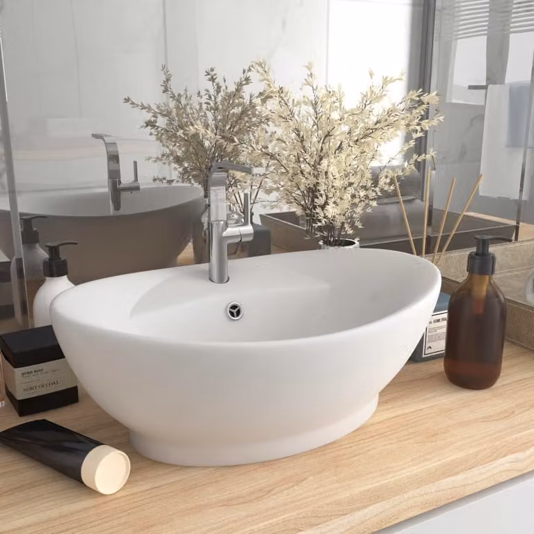 The Living Store Lavabo con troppopieno ovale bianco opaco 58,5x39 cm in Vetroceramica