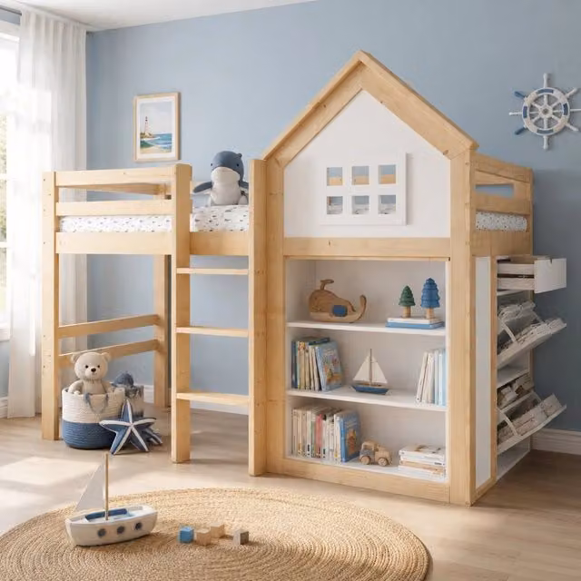 Letto a soppalco per bambini 90x200 cm bianco naturale, con 3 cassetti