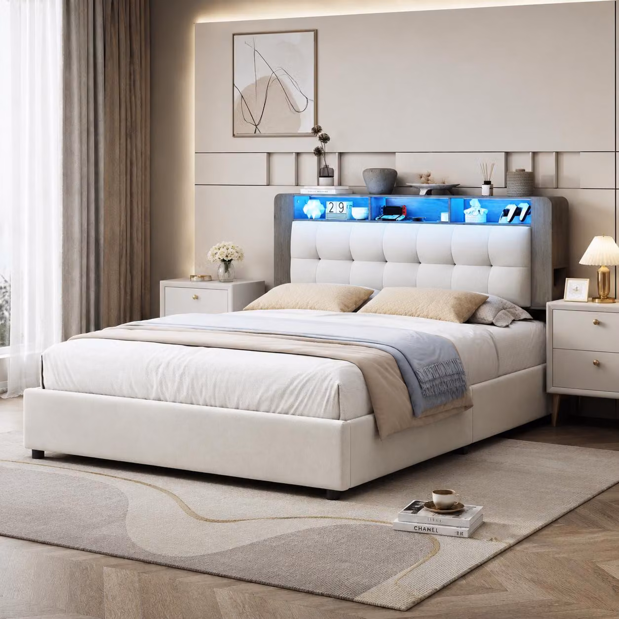 INONEFT, Letto idraulico 160 × 200 cm, letto per adulti, letto imbottito con spazio contenitore e rete a doghe, letto matrimoniale con caricabatterie wireless e luci LED, rivestito in velluto