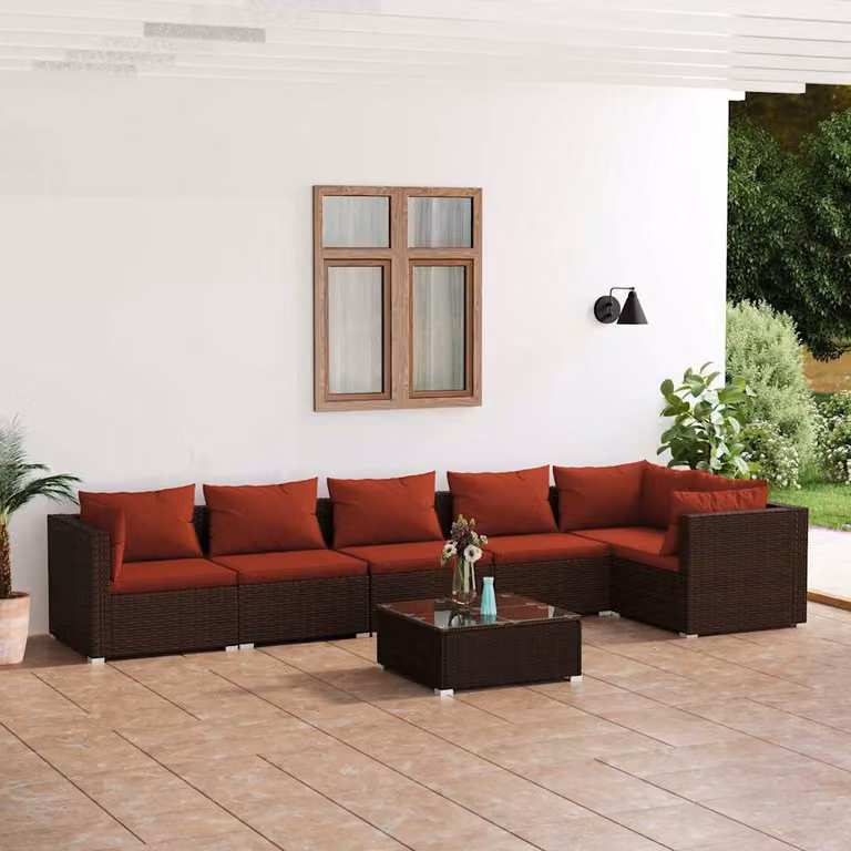 Set Divani da Giardino vidaXL 7 Pezzi in Polyrattan Marrone con Cuscini e Tavolino