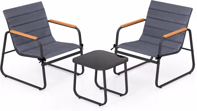 Set bistrot da esterno 3 pezzi moderno in acciaio verniciato nero con piano in vetro temperato e cuscini rimovibili per giardino, terrazzo o balcone