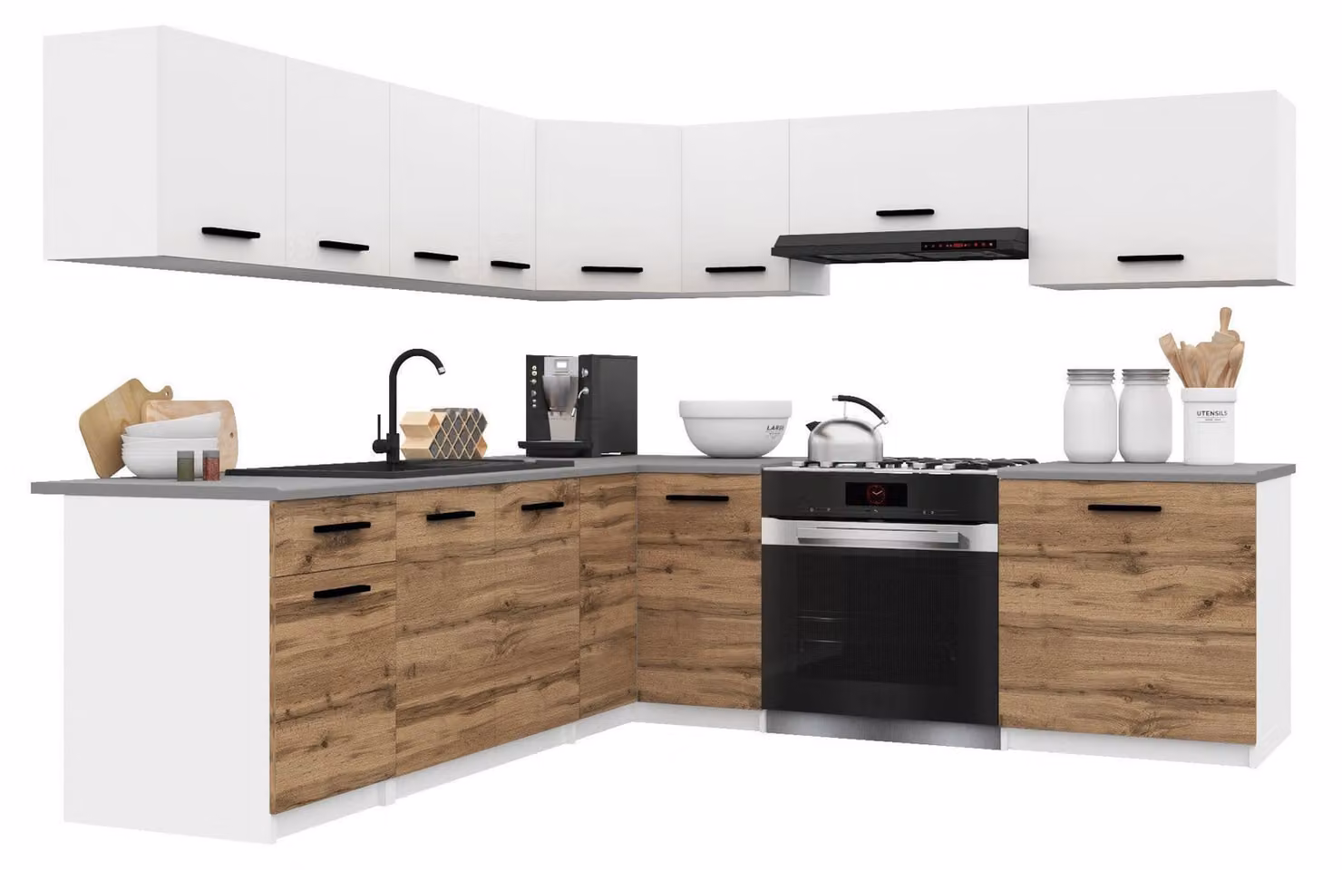 Belini - Angolo cottura moderno ITALIA 7 - Mobili da cucina 420 cm bianco-marrone dorato opaco - Cucina componibile con pensili, mobili base e piani di lavoro