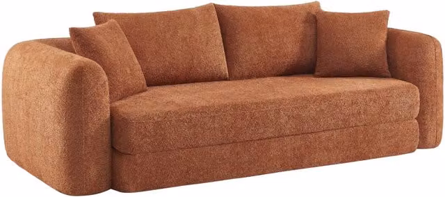 Divano letto moderno Sweeetch a 3 posti in tessuto bouclé arancione con coperture rimovibili e cuscini inclusi, L: 243 cm, P: 83 cm, H: 112 cm, piano letto 160 x 200 cm