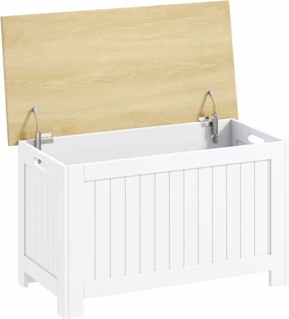 Baule Contenitore HOMCOM da 90 L con Coperchio e Cerniera di Sicurezza, Colore Naturale e Bianco, L 80,5 x P 40 x H 46,4 cm