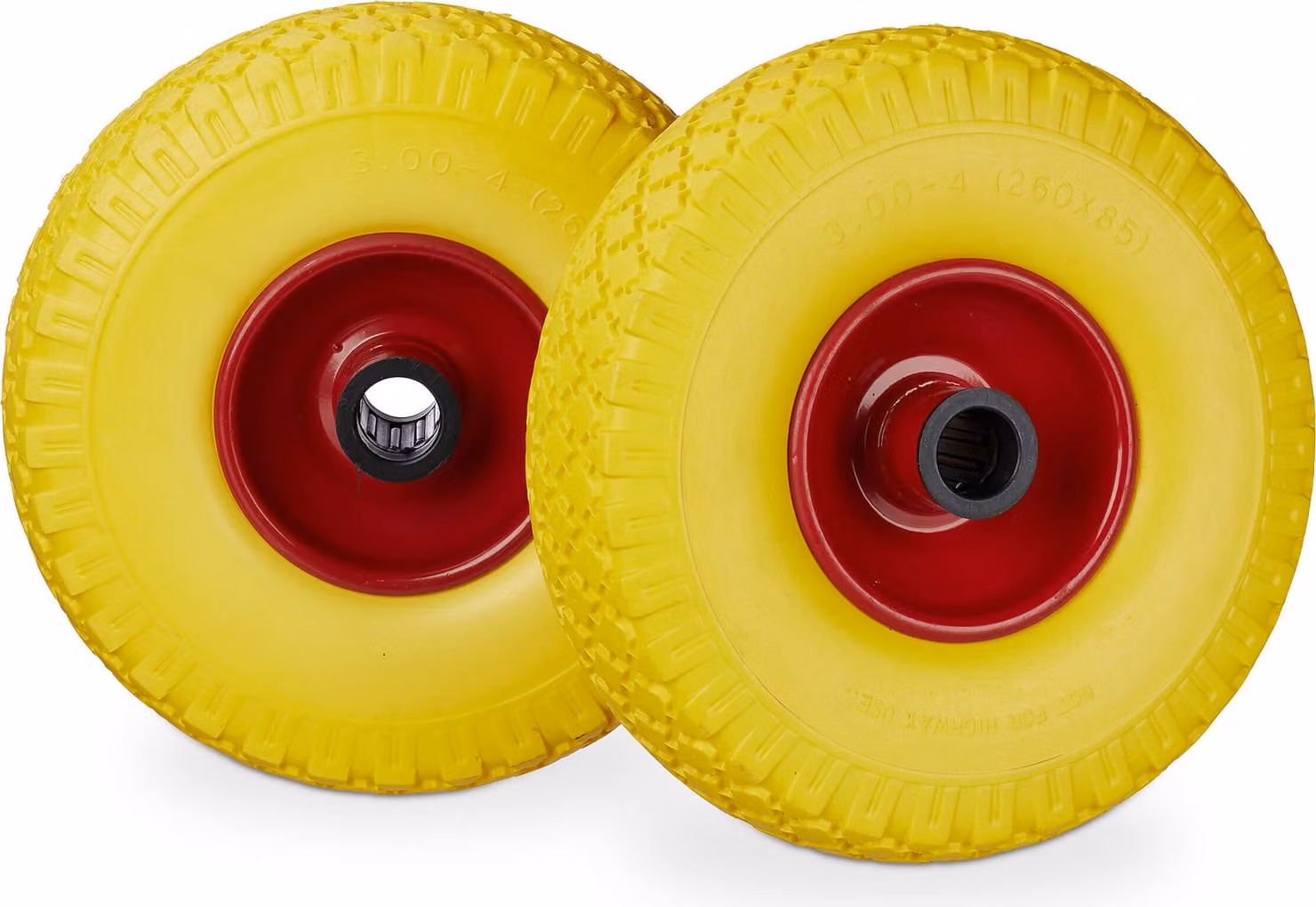 Set di 4 ruote per carrello a mano, a prova di foratura, pneumatici in gomma piena PU 3.00-4, cerchio in acciaio, asse da 25 mm, portata 100 kg, 260 x 85 mm, giallo-rosso