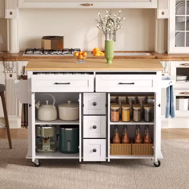 Carrello da cucina con 5 cassetti, 2 ante e ripiani regolabili, con portaspezie e portasciugamani, 140 × 40 × 89 cm