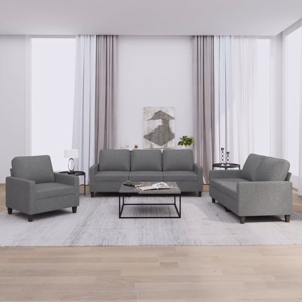 Set di divani vidaXL da 3 pezzi in tessuto grigio con cuscini per soggiorno – 1