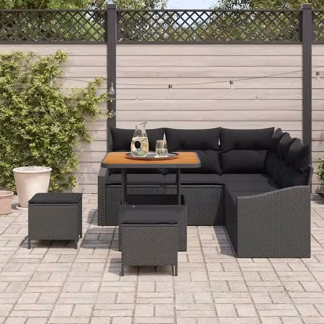 Set Divano da Giardino 8 pz 7-Numero di posti Nero Poly Rattan 3364599