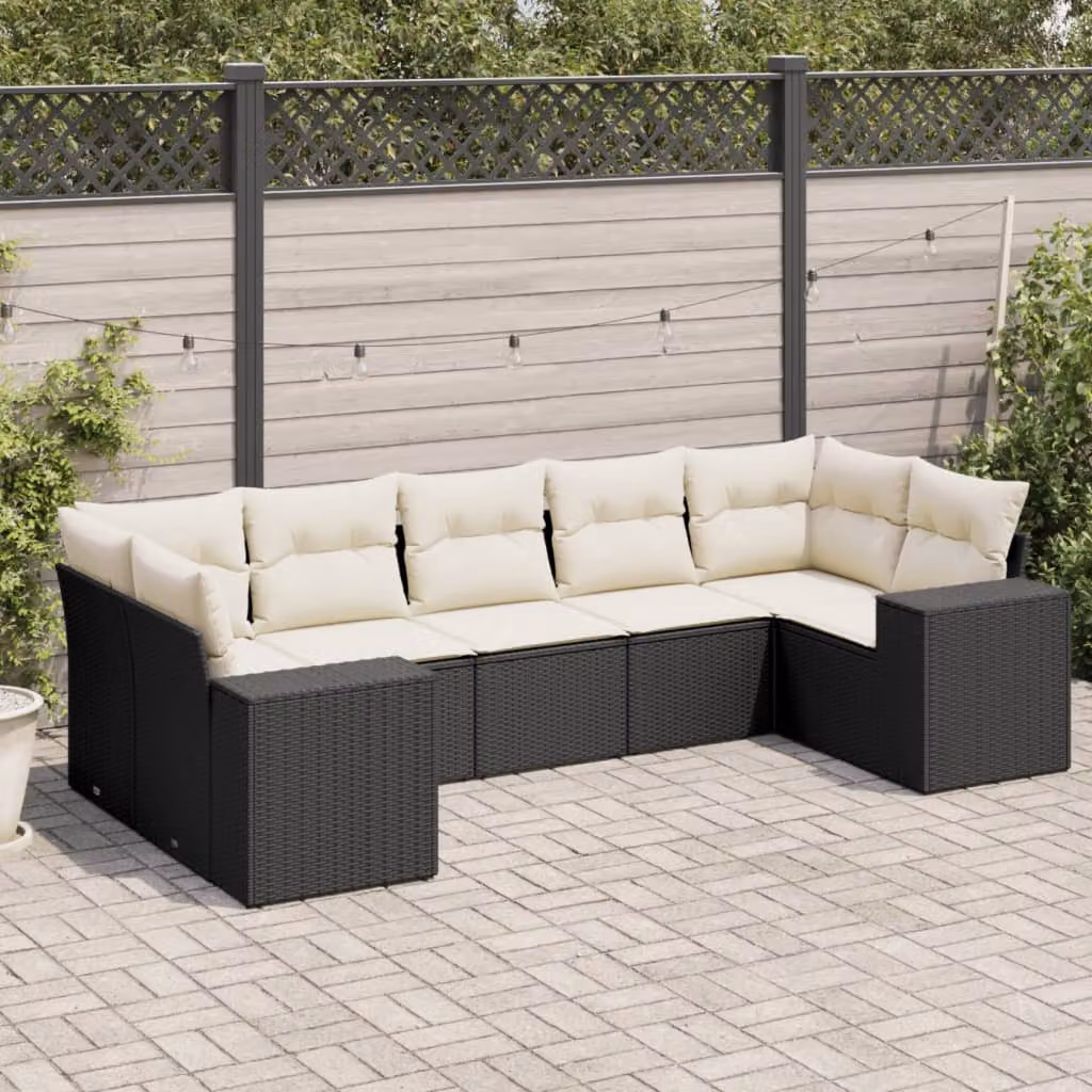 vidaXL Set Divano da Giardino a L con 7 Cuscini Moderno Nero e Bianco in Polyrattan e Acciaio – 1