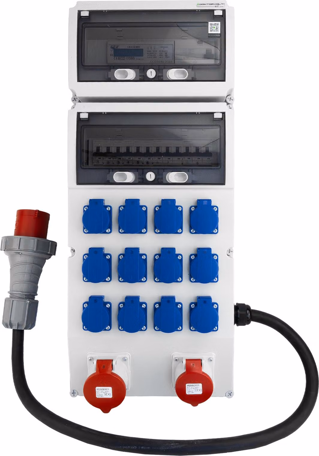 Distributore di corrente per cantiere, 32A/16A, 12 prese da 230V, con contatore di energia MID, prese Mennekes e cavo da 5x10mm², modello Doktorvolt® eXT-S/FI DV-8218-F