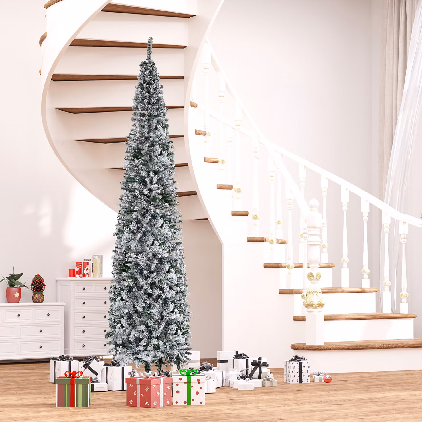 Albero di Natale stretto innevato HOMCOM, Altezza: 270 cm, con 1014 rami e base in metallo, Verde e Bianco – 2