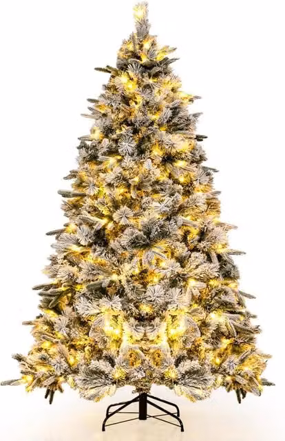 Albero di Natale Innevato Costway Verde e Bianco con 300 Luci LED Bianco Caldo, Altezza: 215 cm, 1096 Punte di Ramo Miste in PE e PVC