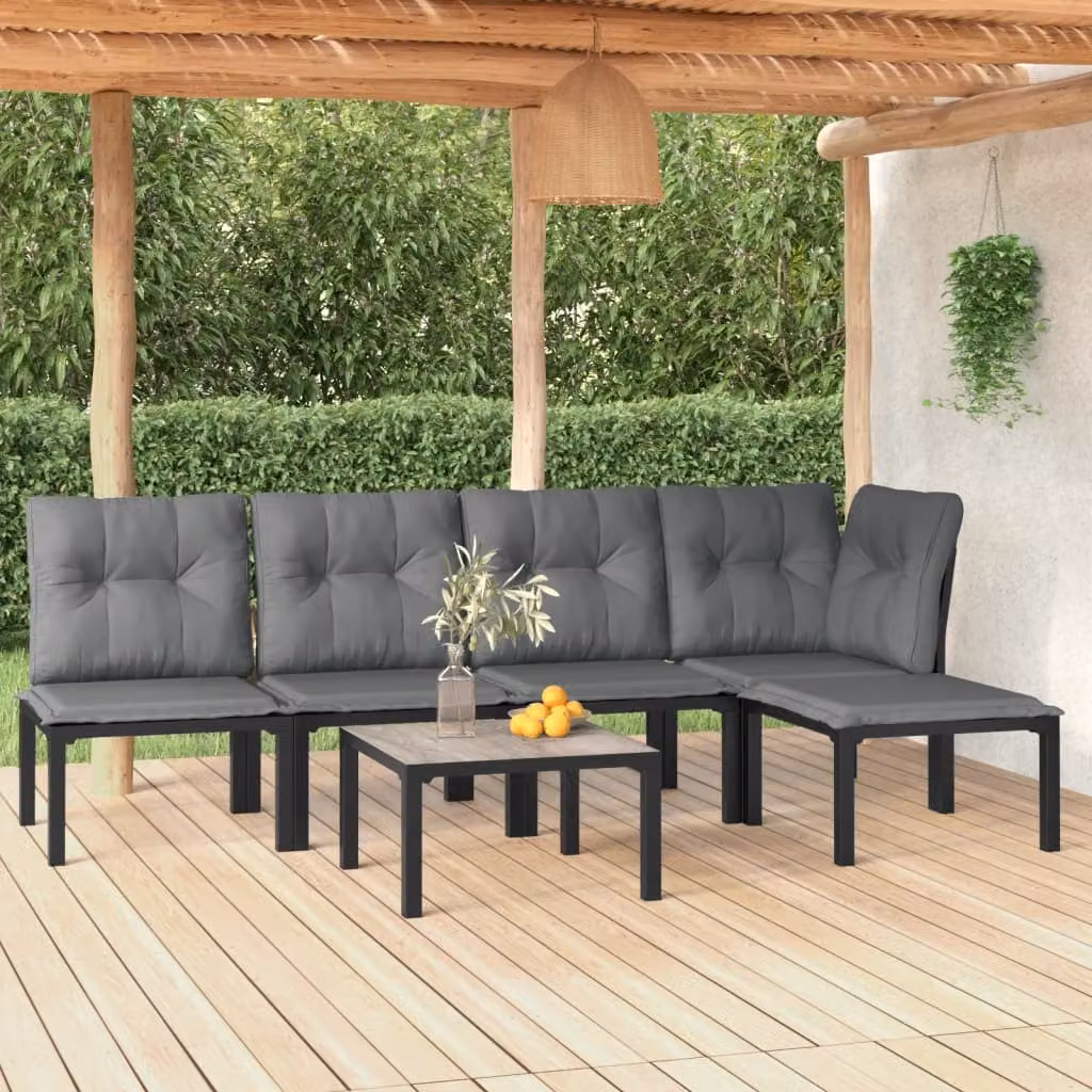 Set Salotto da Giardino vidaXL 6 pz a Forma a L con Polyrattan e Cuscini, Nero e Grigio