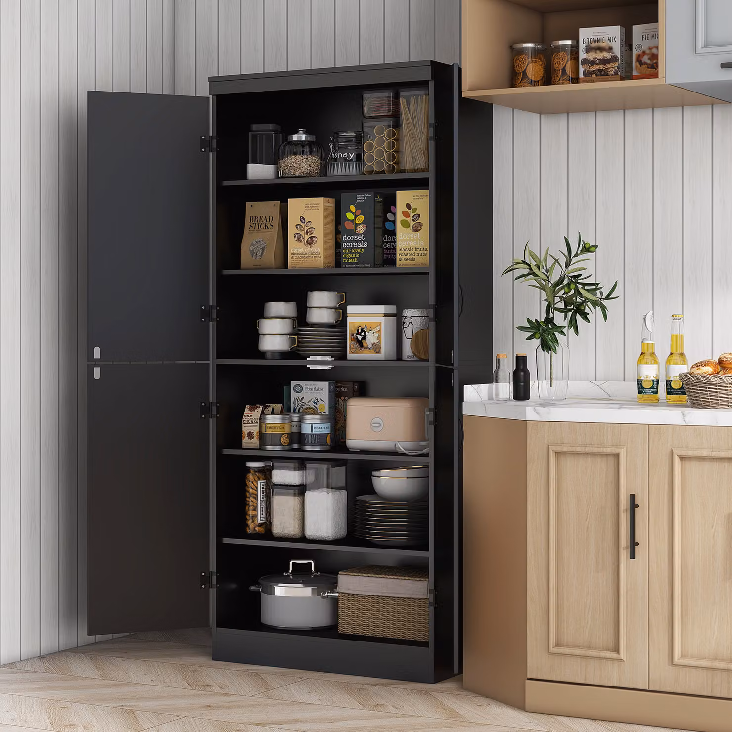 Credenza alta da cucina HOMCOM nera con 4 ante e 6 livelli con ripiani regolabili L/P/H: 76 x 40 x 176,7 cm – 2