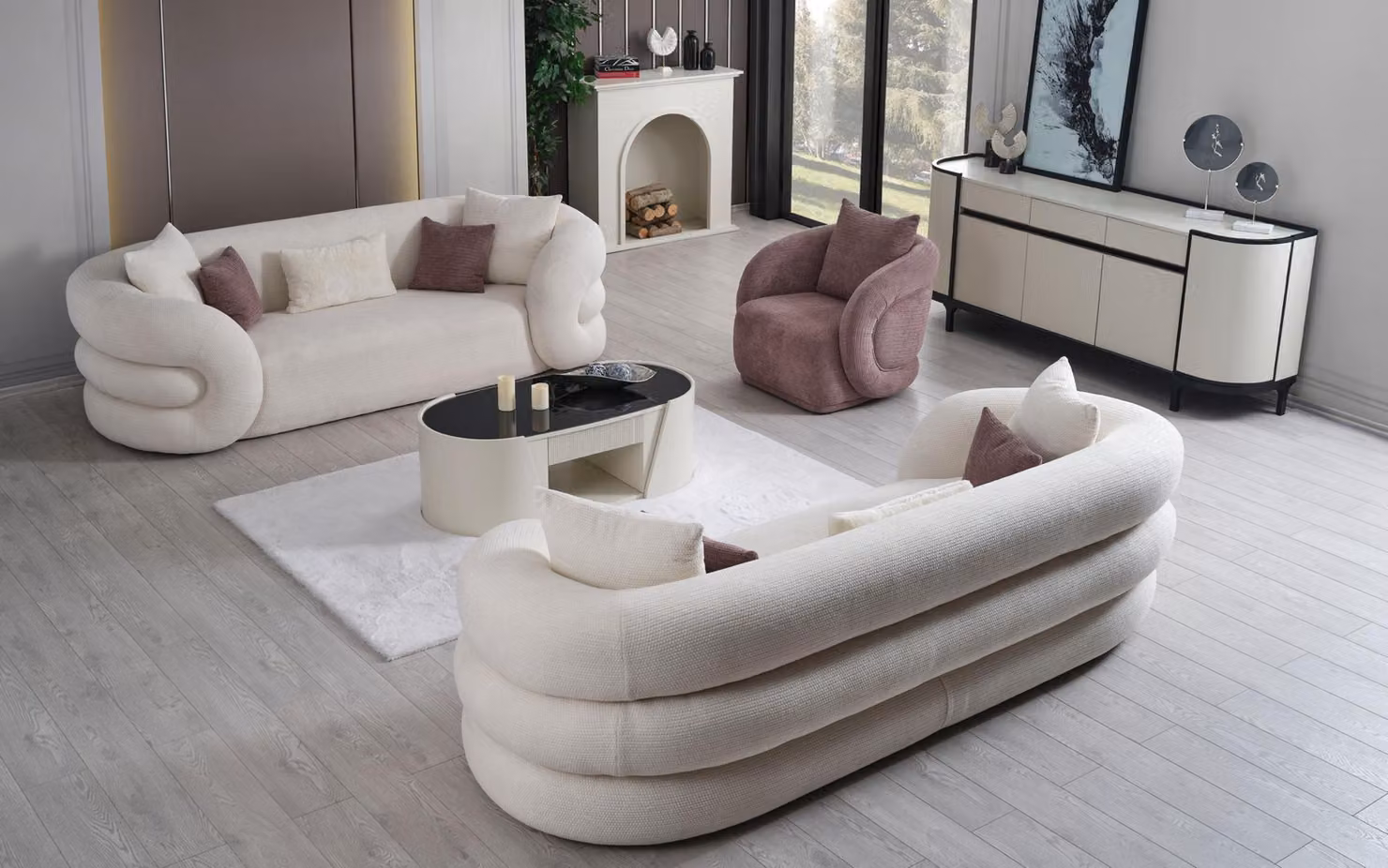 Set 3Sitzer Sofa und Sessel Farbe Weiß 3tlg. Designer Wohnzimmer