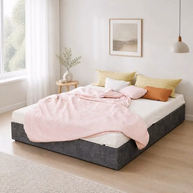 Letto matrimoniale con testiera 160 × 200 cm tessuto grigio struttura in metallo e montaggio semplice