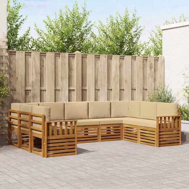 Set di divani da esterno vidaXL a forma di L in legno di acacia con cuscini beige e naturale, 9 pezzi