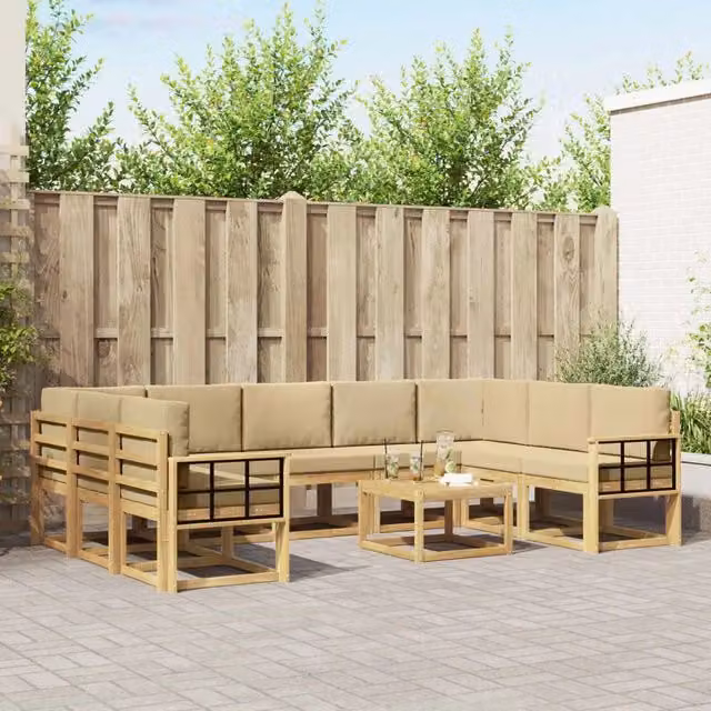 Set di divani da esterno a forma di U vidaXL in legno di acacia con cuscini, Bianco e Beige
