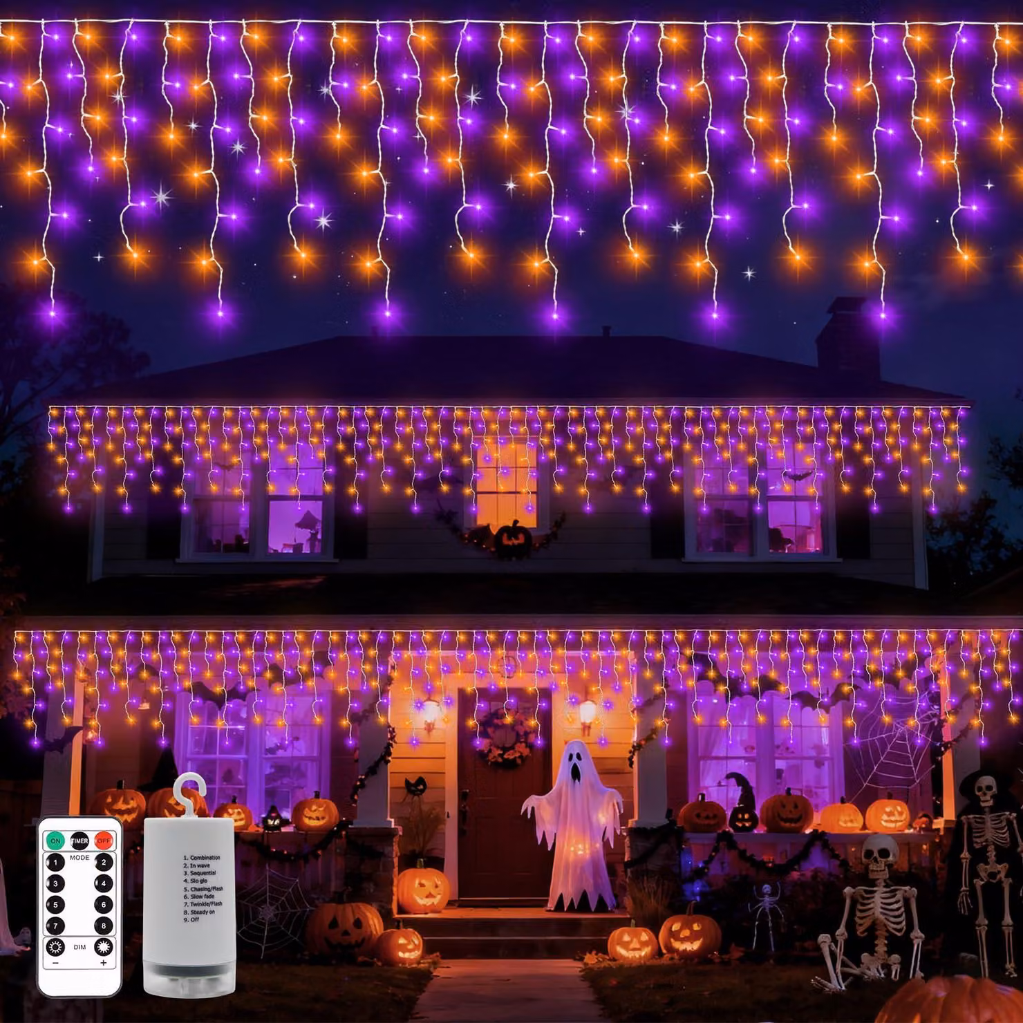 Catena luminosa effetto neve, 6 metri, 300 LED, color lilla/arancione, alimentazione a batteria
