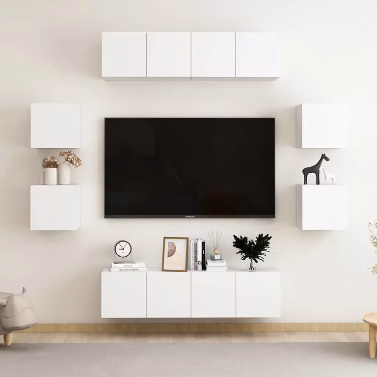 Set Mobili Porta TV Moderno vidaXL in Legno e MDF Bianco, 8 Pezzi, da Appendere alla Parete