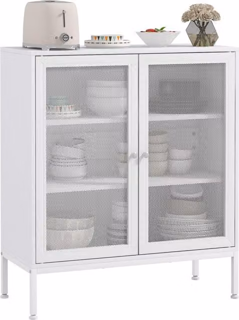 Buffet mobile da cucina HOMCOM bianco con 2 ante a maglia e 3 livelli, L: 80 cm, P: 37 cm, H: 92 cm