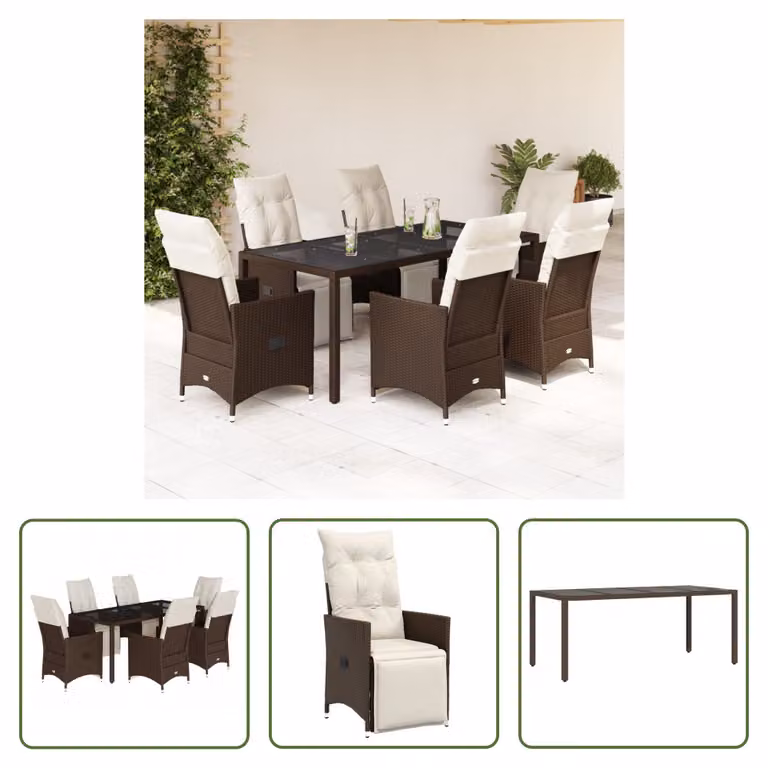 The Living Store Set bistrot da giardino 7 pezzi con cuscini in poly rattan marrone